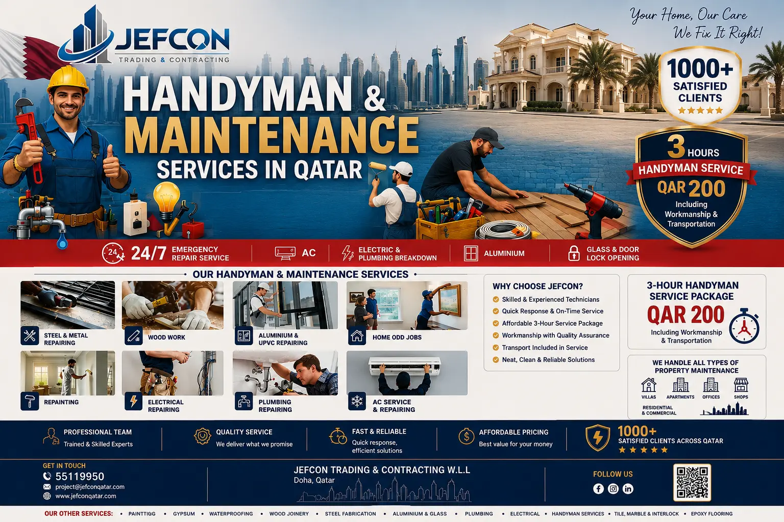 Best handyman services in Doha, Qatar by Jefcon Qatar with skilled technicians, fast repairs, transparent pricing, and reliable home maintenance.