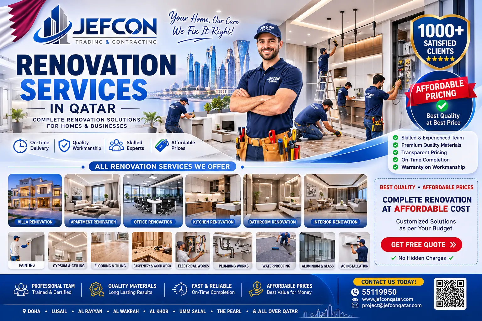 JEFCON Qatar provides affordable renovation services in Doha and across Qatar, including villa renovation, apartment renovation, office remodeling, kitchen renovation, bathroom renovation, painting, flooring, electrical, plumbing, waterproofing, and interior fit-outs.