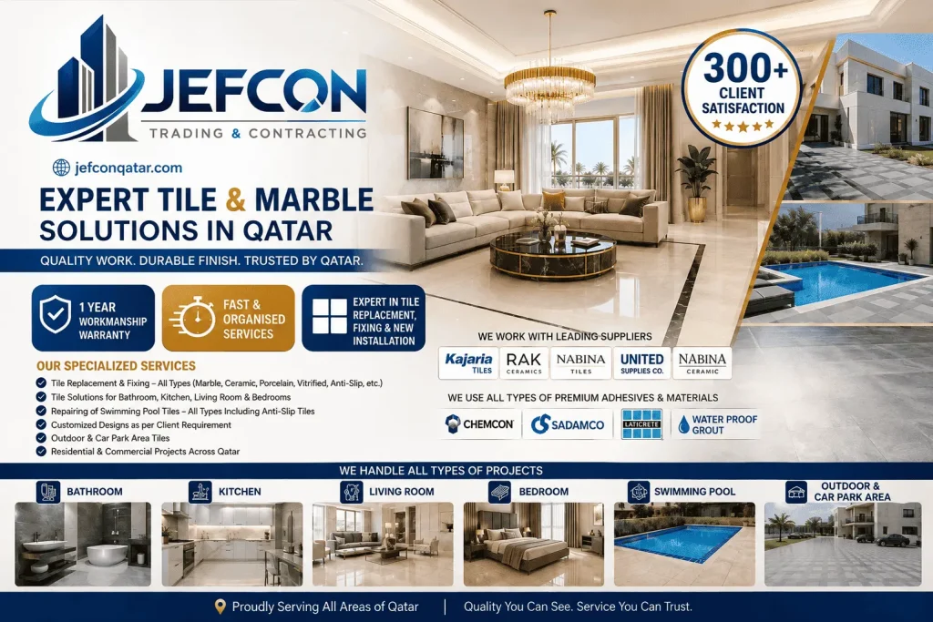 Tiles and marble installation Services by Jefcon Qatar. The prices are very low and quality of work is so high. Do contact with us!