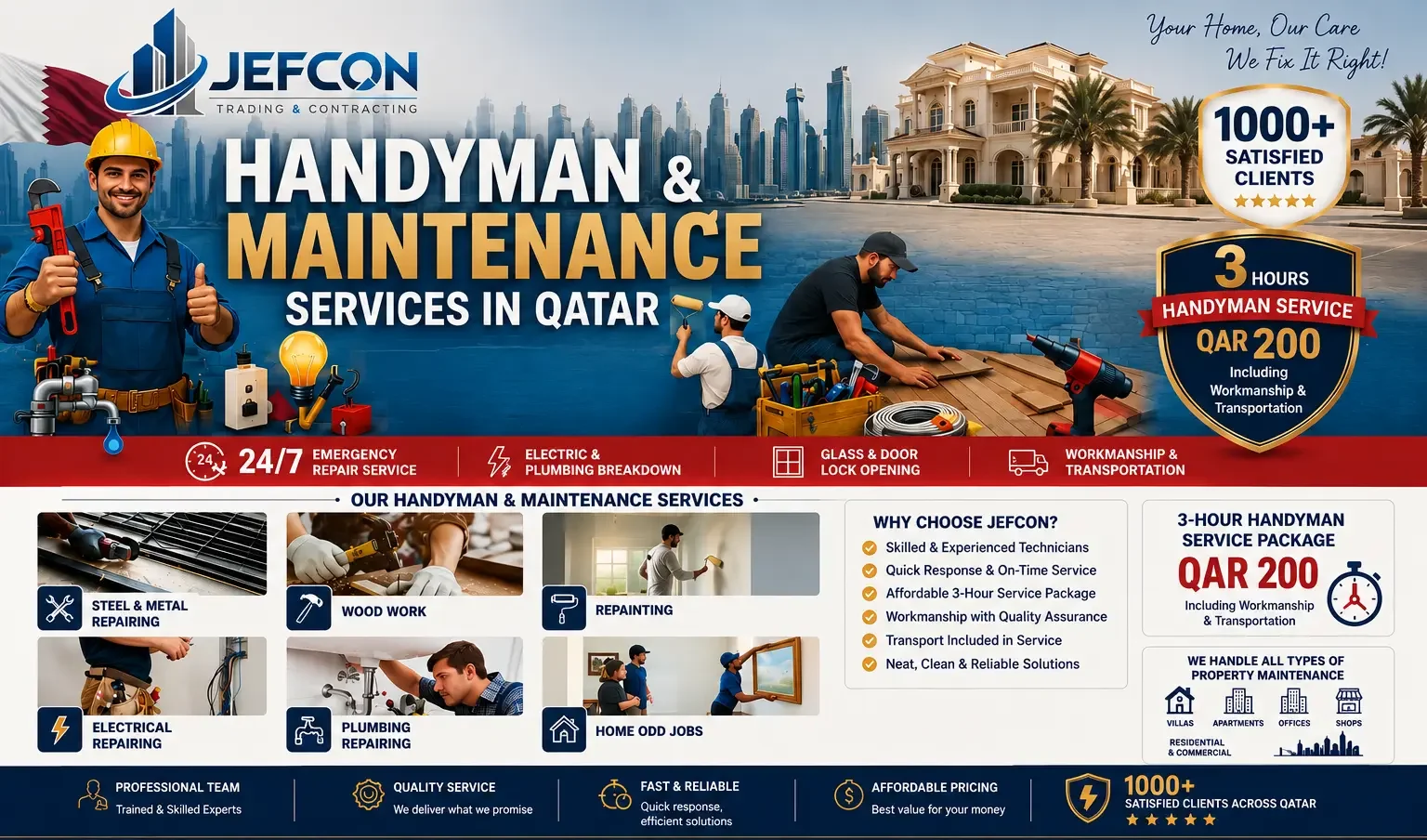 Handyman services in Doha, Qatar by Jefcon Qatar with skilled technicians, fast repairs, transparent pricing, and reliable home maintenance. Price starts from 200 QAR. Contact now!