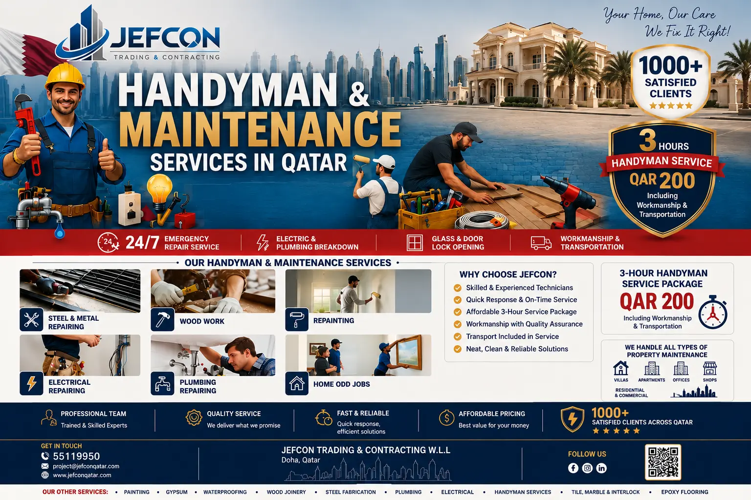 Handyman services in Doha, Qatar by Jefcon Qatar with skilled technicians, fast repairs, transparent pricing, and reliable home maintenance. Price starts from 200 QAR. Contact now!